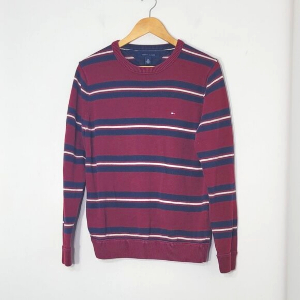 🛍️ Tommy Hilfiger Men's Red Navy Blue Knitted Cotton Stripes Crew Neck Sweater